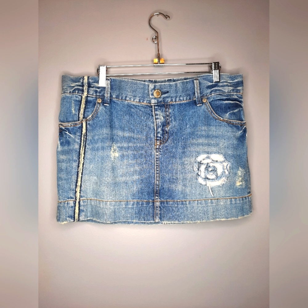 Denim Y2k Mini Skirt with Floral Embroidery